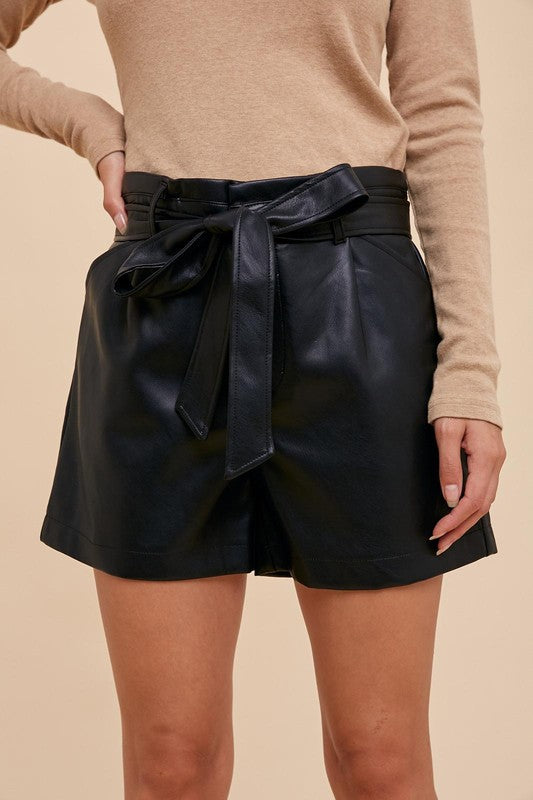 Black Vegan Leather Belted Shorts