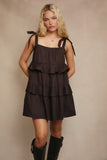 Shoulder Tie Ruffled Mini Dress - Dark Brown