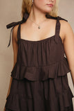 Shoulder Tie Ruffled Mini Dress - Dark Brown