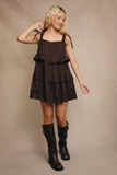 Shoulder Tie Ruffled Mini Dress - Dark Brown