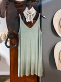 The Essential V Neck Ribbed Dress (Sage/Coral)