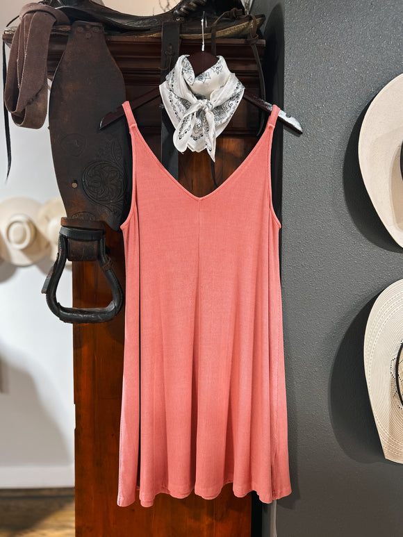 The Essential V Neck Ribbed Dress (Sage/Coral/Teal) L / Coral The Essential V Neck Ribbed Dress (Sage/Coral/Teal) L / Coral