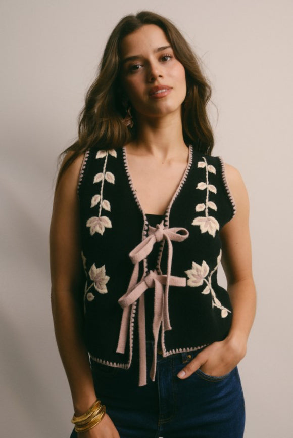 The Giselle - Floral Front Tie Knit Vest -Black