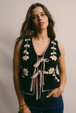 The Giselle - Floral Front Tie Knit Vest -Black