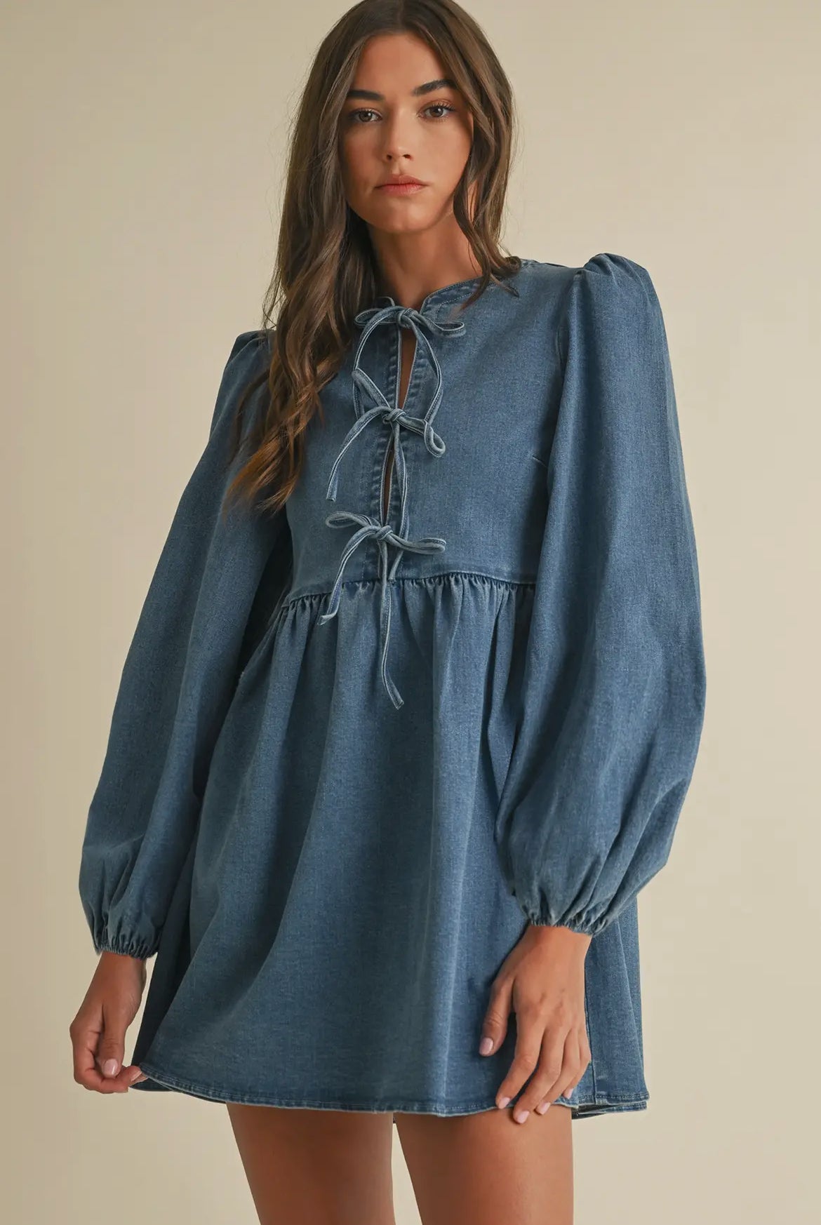 denim bow dress Denim Square Neck 3/4 Sleeve Front Bow Detail Dress