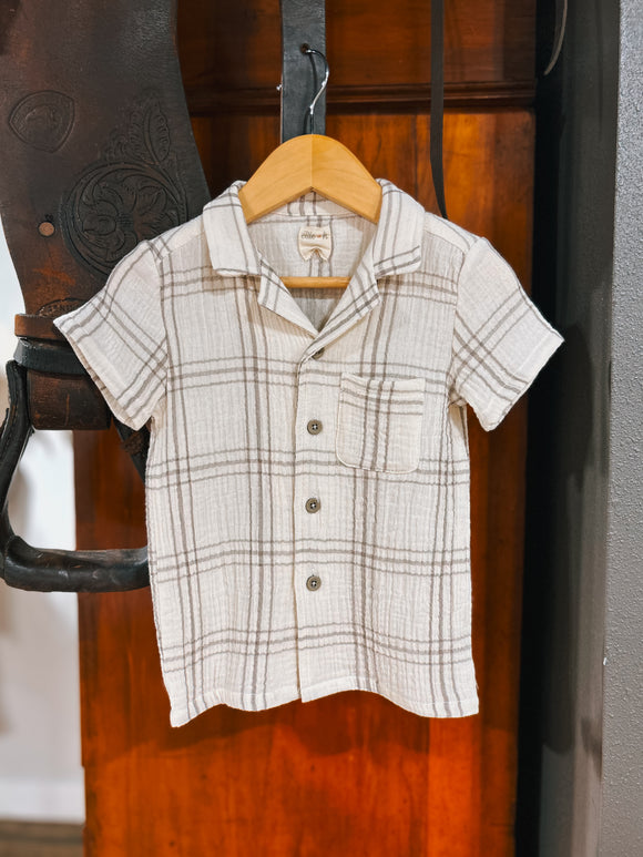 Grey Plaid Boys Cotton Gauze Button Down Shirt (12-18Mo)