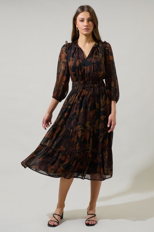 Larba Floral Henri Smocked Midi Dress BLACK-BROWN / XS by Sugarlips Larba Floral Henri Smocked Midi Dress BLACK-BROWN / XS by Sugarlips