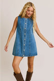 Round Neck Button Down Denim Mini Dress