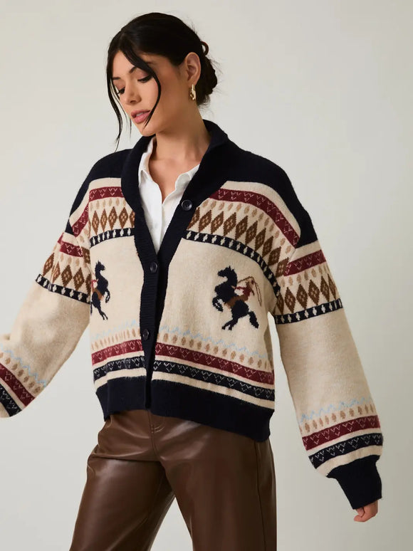 Horse Motif Button Up Oversize Sweater Cardigan