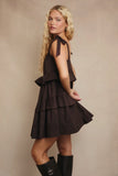 Shoulder Tie Ruffled Mini Dress - Dark Brown