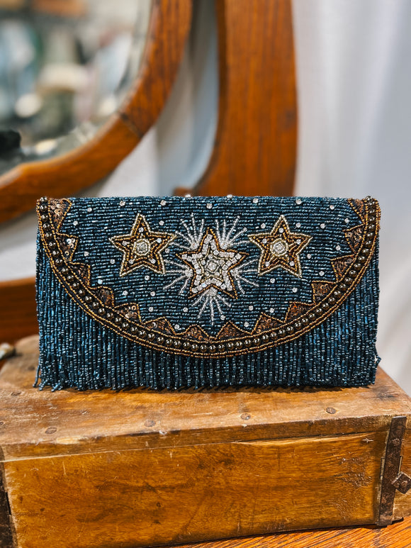 Beaded Super Star Denim Fringed Crossbody Bag