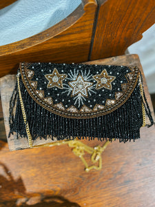 Beaded Super Star Black Fringed Crossbody Bag