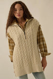 Cable Knit Half Zip Oversized Sweater Vest - Cream