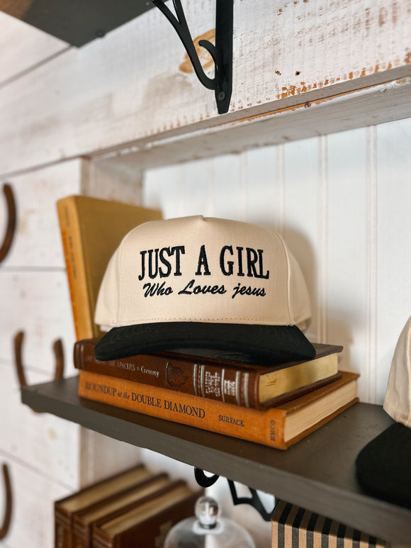 Just a Girl Who Loves Jesus Trucker Hat (Black/Natural & Red)