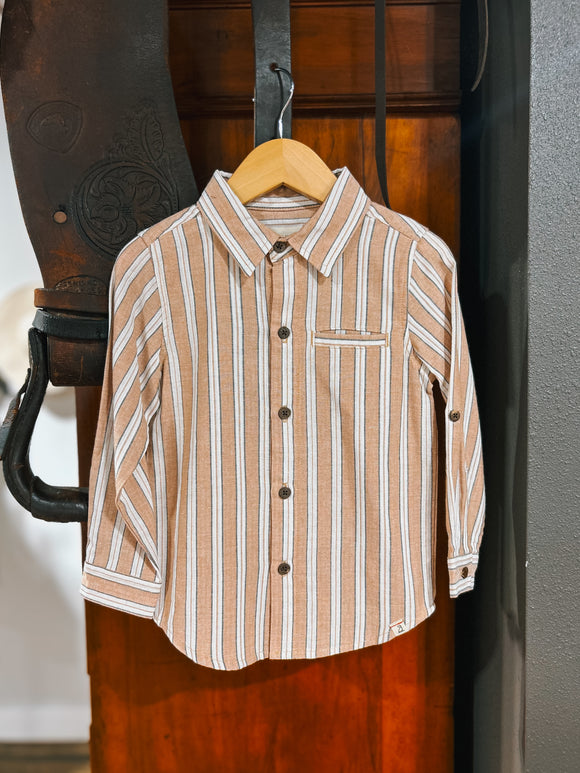 Me & Henry Boys Atwood Beige/White Stripe Button Down Shirt (3T)