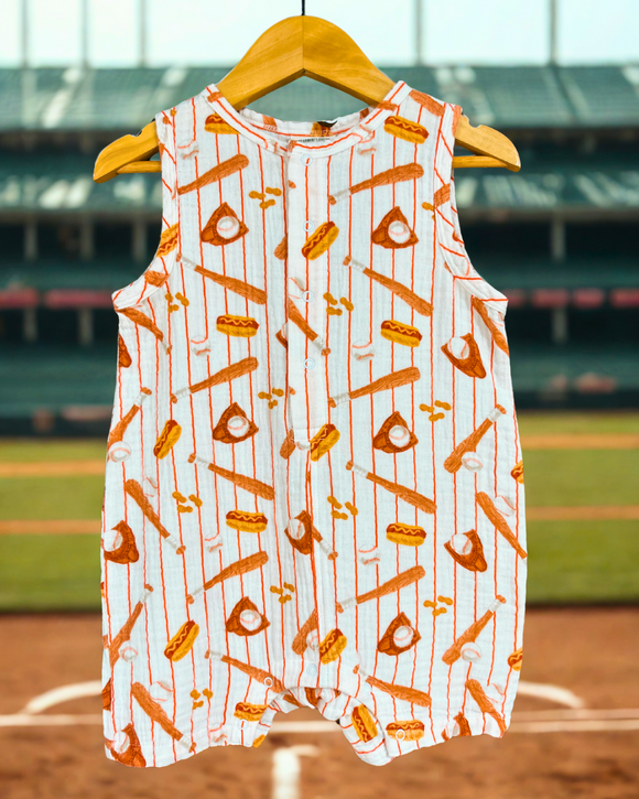 Baseball Muslin Shortie Romper - Spearmint LOVE