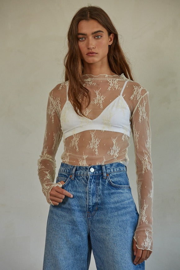 Knit Jacquard Lace Long Sleeve Mock Neck Top - Ivory