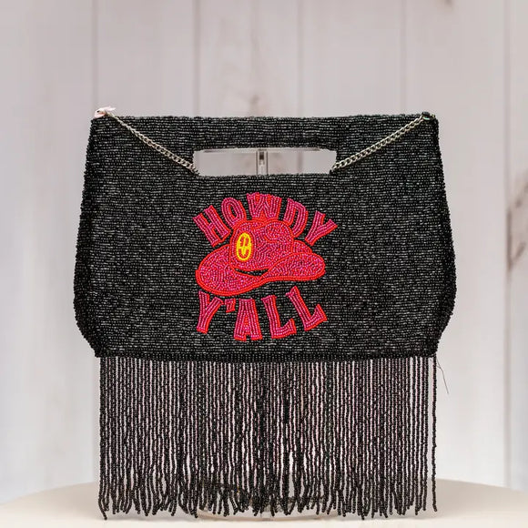 Beaded Howdy Yall Fringed Basket Crossbody Bag