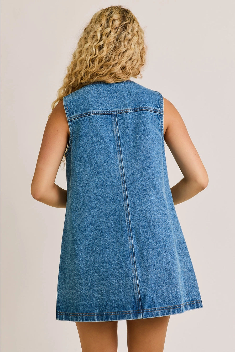 Sleeveless Round Neck Button Down Denim Mini Dress – Cheyenne Ranch Boutique, LLC