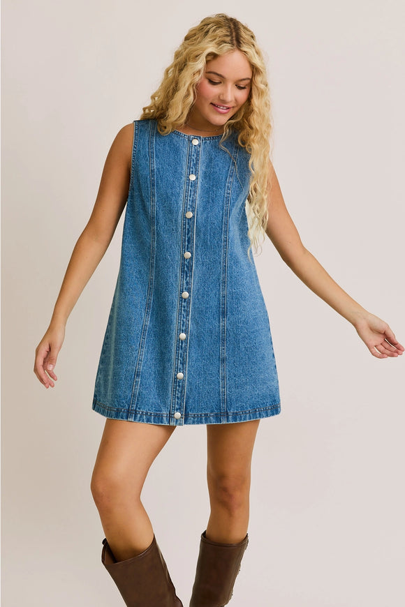 Sleeveless Round Neck Button Down Denim Mini Dress – Cheyenne Ranch Boutique, LLC