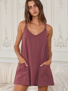 Washed Sporty Mini Dress W Built in Romper Lining - Plum, Black
