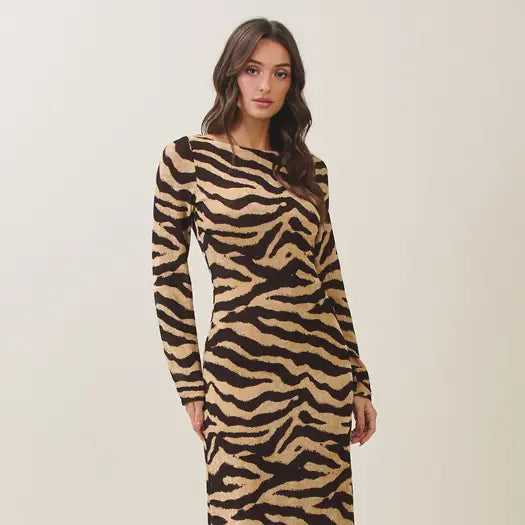 The Desmond Long Sleeve Zebra Print Maxi Dress - Sand/Black