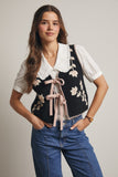 The Giselle - Floral Front Tie Knit Vest -Black