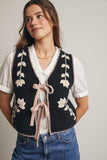 The Giselle - Floral Front Tie Knit Vest -Black