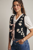 The Giselle - Floral Front Tie Knit Vest -Black