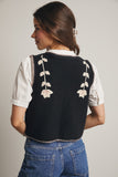 The Giselle - Floral Front Tie Knit Vest -Black
